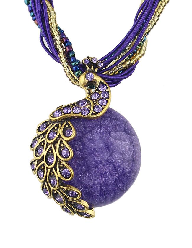 Shein Purple Beads Chain Round Stone Pendant Necklace
