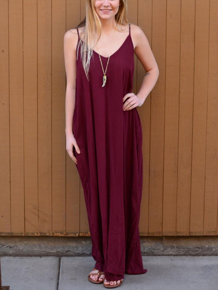 Shein Burgundy Spaghetti Strap Maxi Dress With Pockets