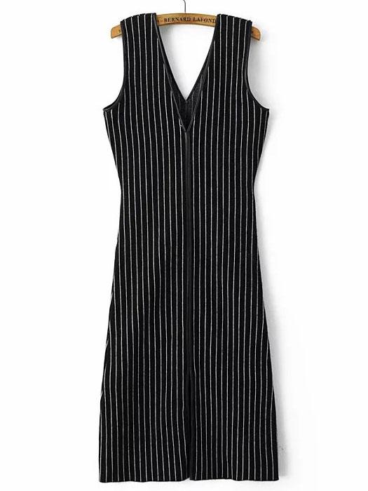 Shein Black V Neck Vertical Stripe Split Dress