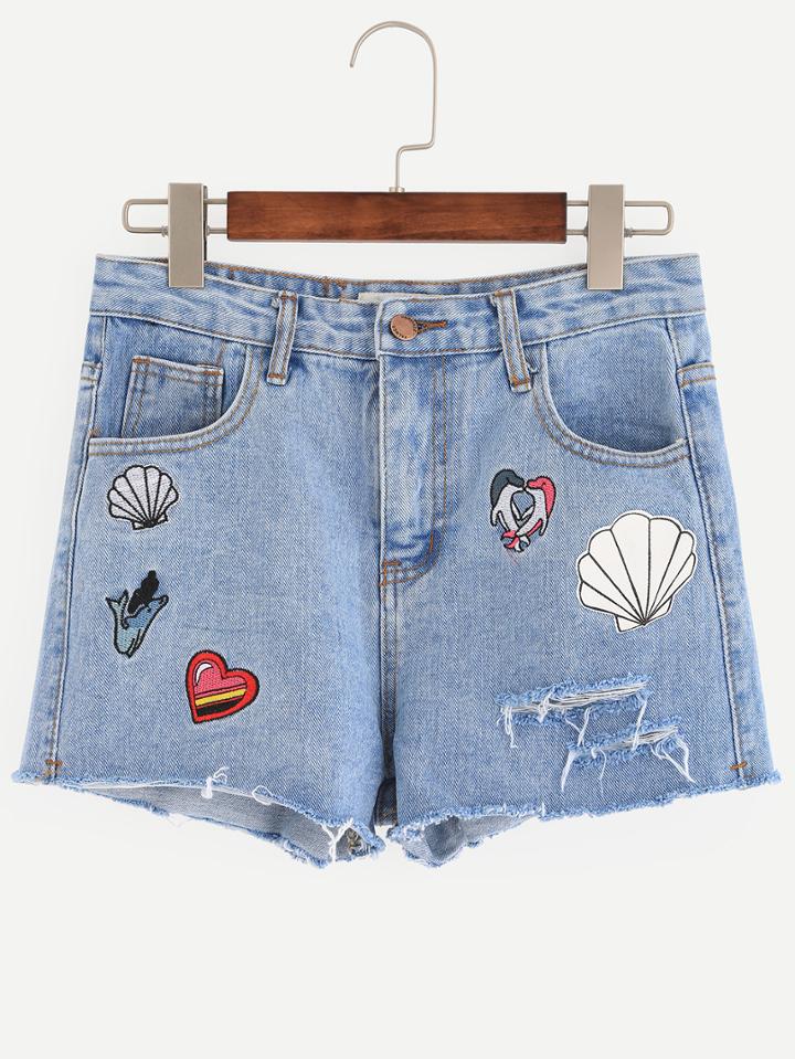 Shein Blue Embroidered Raw Hem Denim Shorts
