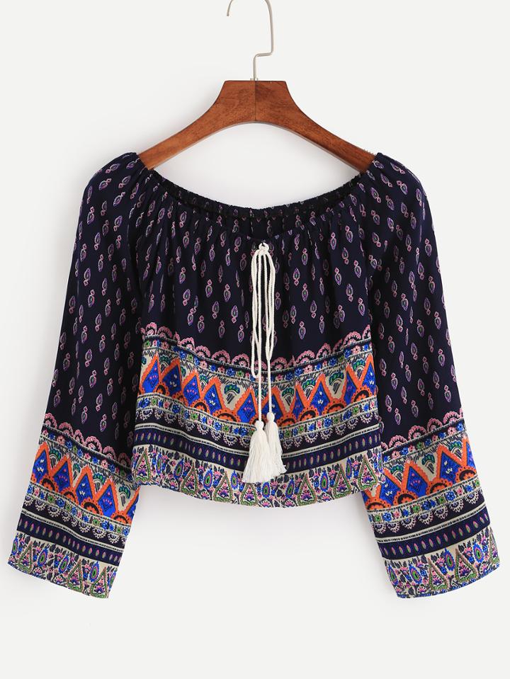 Shein Navy Paisley Print Tassel Tie Off The Shoulder Top