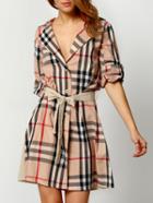 Shein Khaki Lapel Tie-waist Plaid Dress