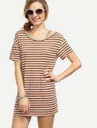 Shein Khaki Striped Cutout Shoulder T-shirt Dress