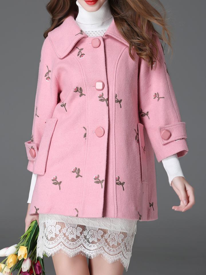 Shein Pink Lapel Flowers Embroidered Coat