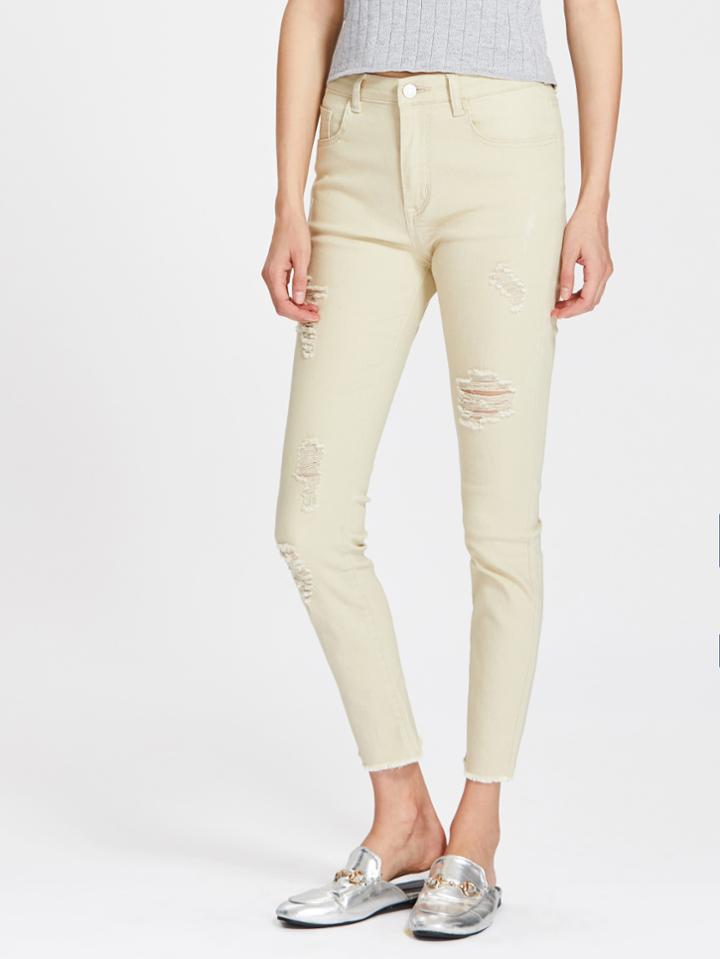 Shein Shredded Rips Detail Frayed Hem Jeans