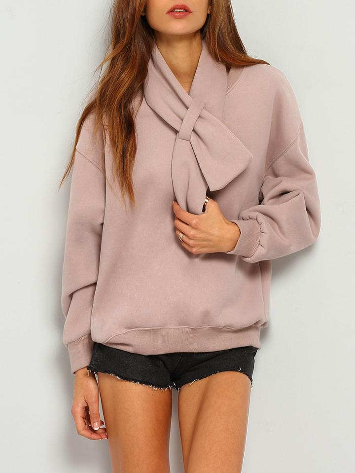 Shein Pink Shawl Collar Long Sleeve Loose Sweatshirt