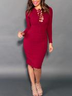 Shein Red Long Sleeve Lace Up Rib Dress