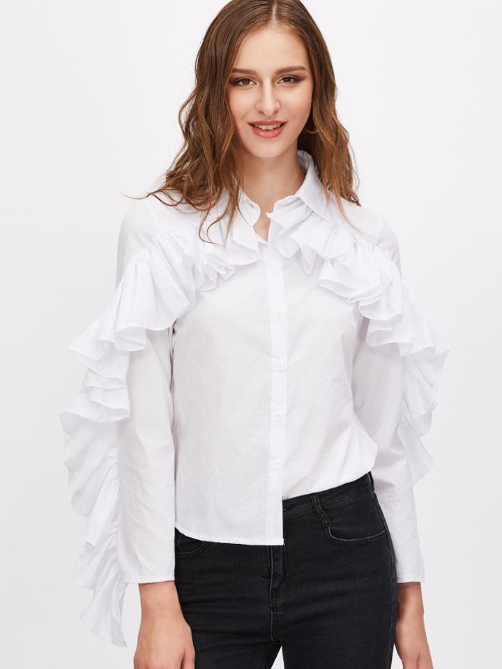 Shein White Ruffle Trim Curved Hem Shirt