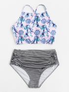 Shein Striped And Floral Print Criss Cross Back Bikini Set