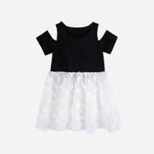 Shein Girls Open Shoulder Colorblock Dress