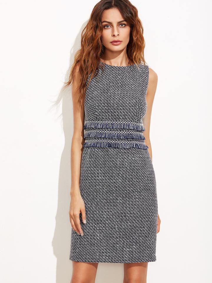 Shein Tweed Sheath Dress With Fringe Tape Detail