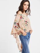Shein Apricot Floral Print Off The Shoulder Flared Sleeve Top