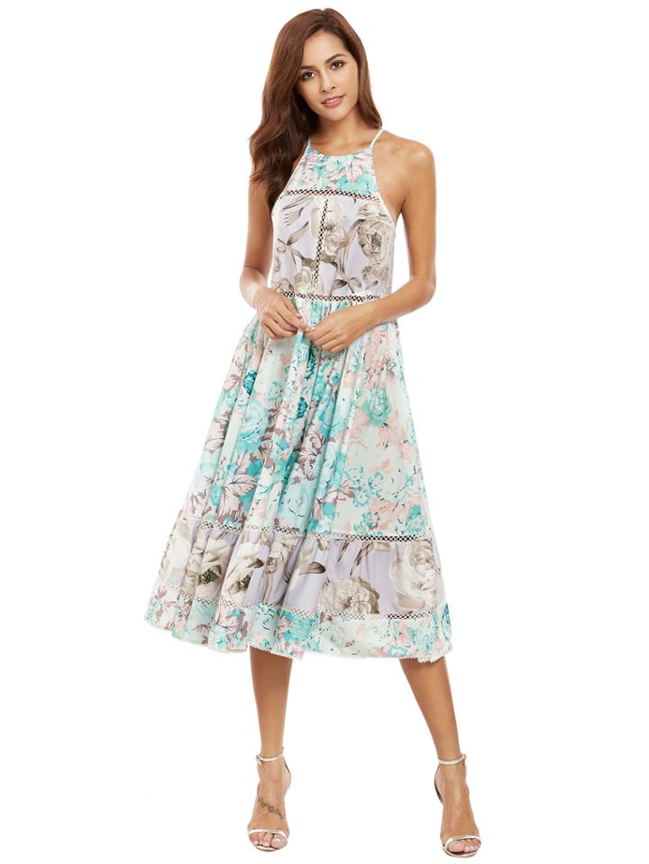 Shein Halter Neck Floral Print Hollow Ruffle Hem Dress