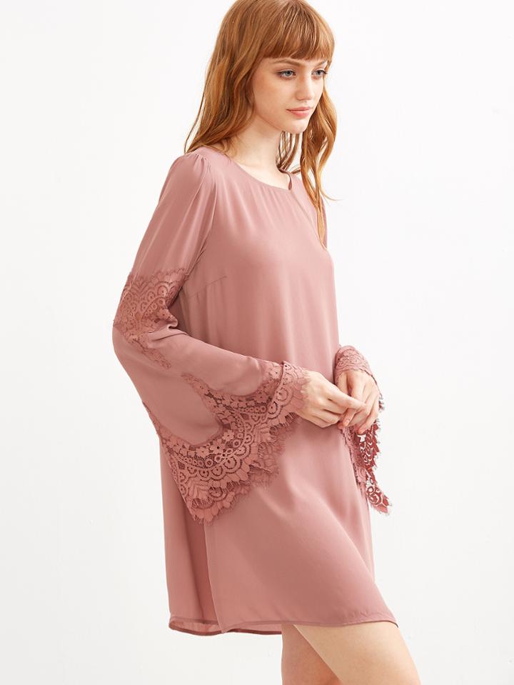 Shein Pink Lace Trim Bell Sleeve Tunic Dress