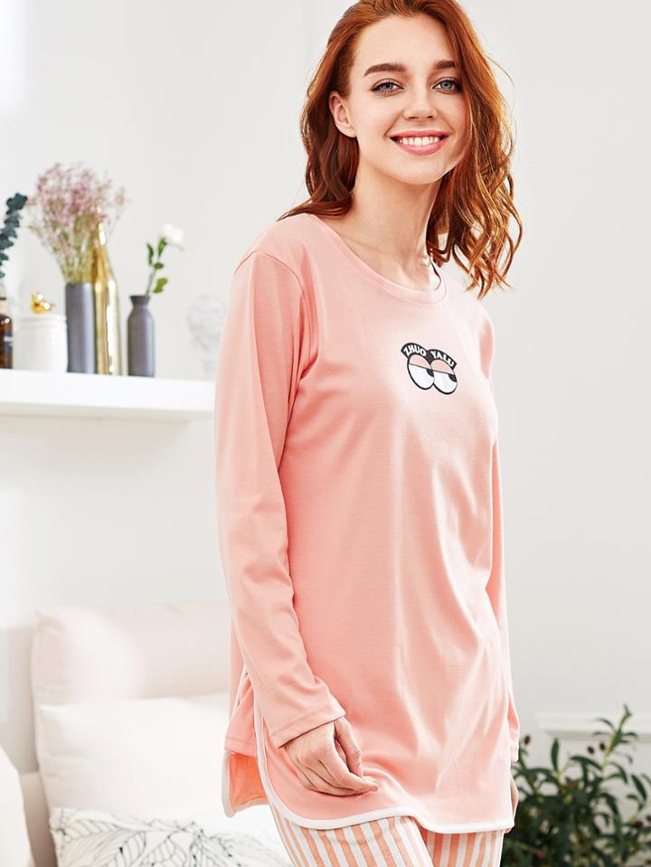 Shein Eye Print Top & Striped Pants Pajama Set