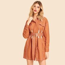 Shein Button Up Pocket Patched Zip Detail Dress