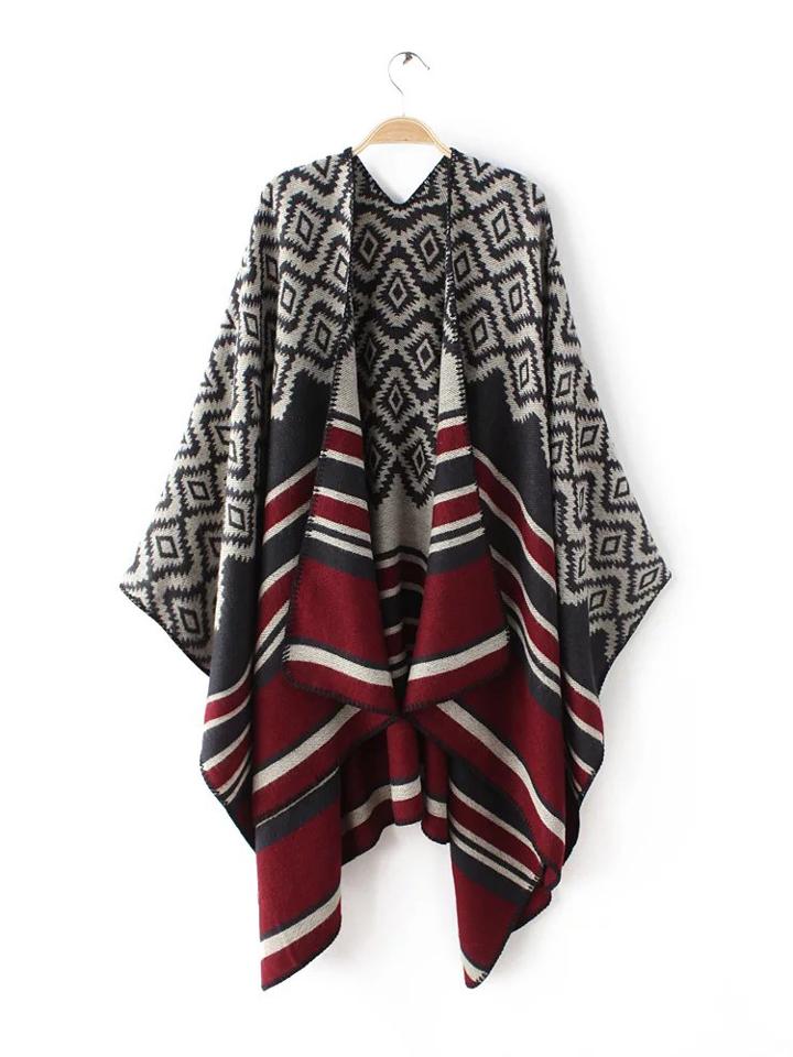 Shein Burgundy And Black Stripe Geometric Pattern Poncho Scarf