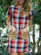 Shein Red Plaid Lace Up Neck Contrast Pockets Dress