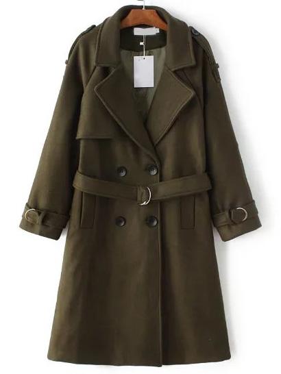 Shein Army Green Double Breasted Trench Coat With Belt