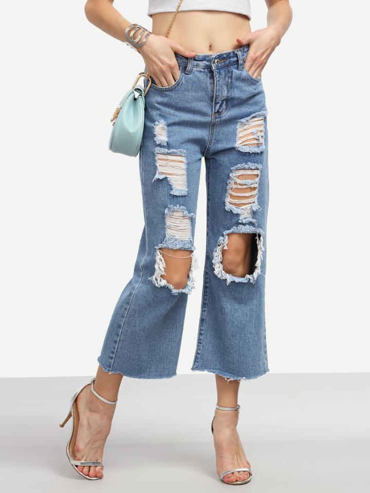Shein Blue Distressed Raw Hem Jeans