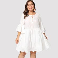 Shein Plus Flounce Sleeve Eyelet Embroidery Knot Neck Dress
