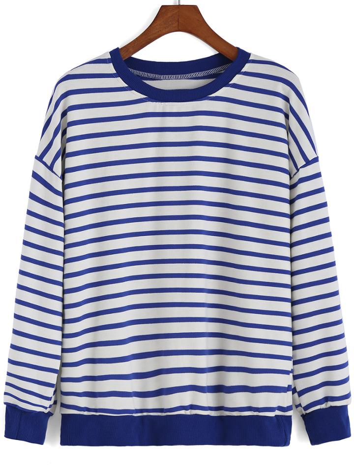 Shein Blue White Round Neck Striped Sweatshirt
