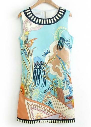 Rosewe Hot Sale Round Neck Print Straight Dress For Summer