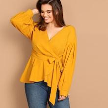 Shein Plus Pleated Sleeve Surplice Neck Peplum Blouse