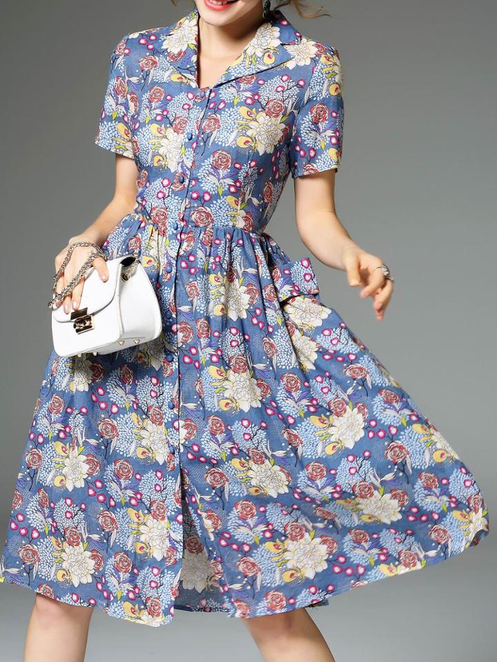 Shein Blue Lapel Floral A-line Dress