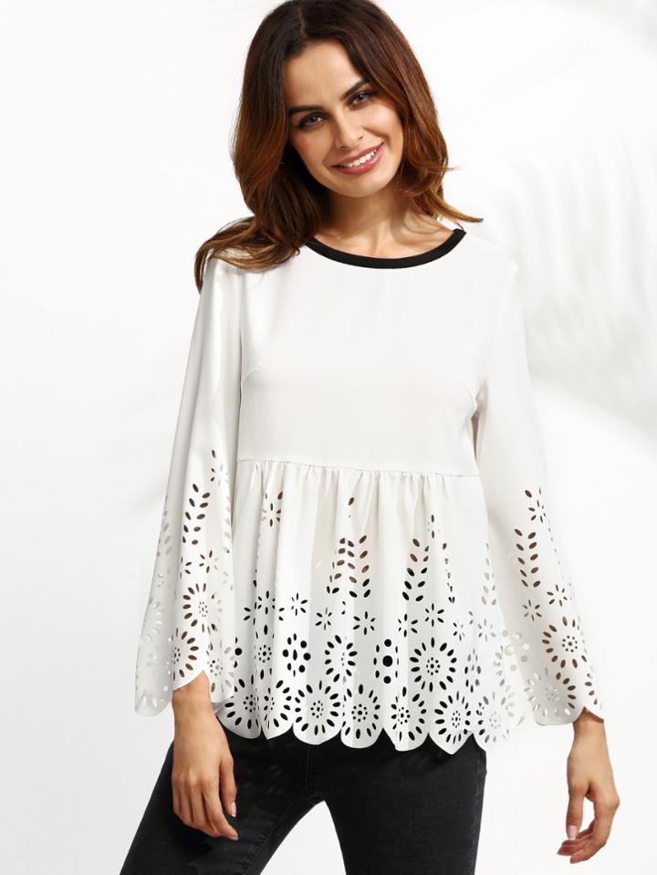Shein White Contrast Neck Laser Cutout Scallop Babydoll Top