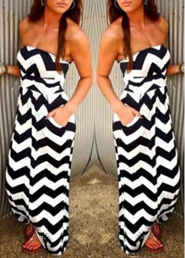 Rosewe Chevron Print Strapless High Waist Maxi Dress