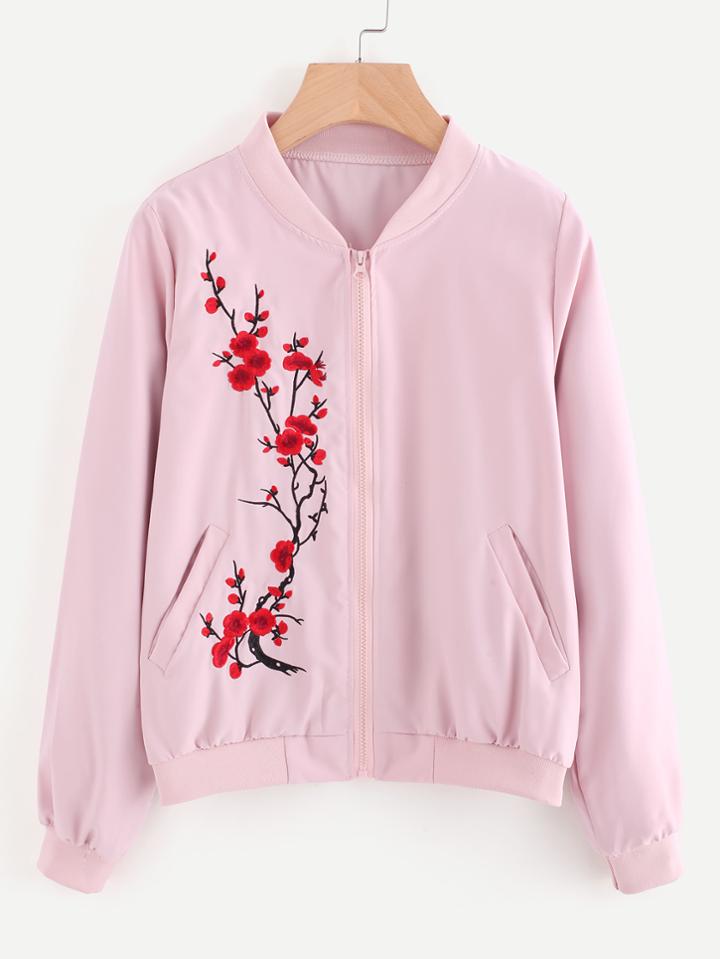 Shein Floral Embroidered Zip Up Jacket