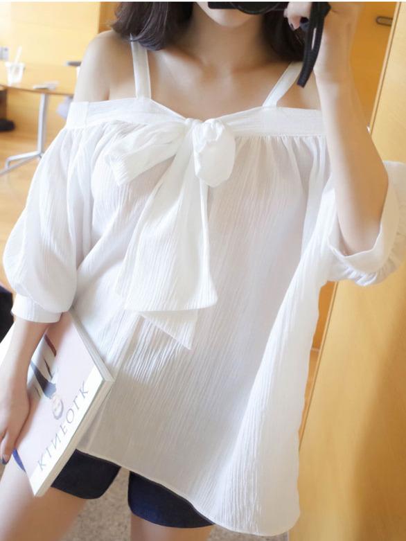 Shein White Cold Shoulder Bow Loose Blouse
