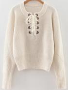 Shein White Eyelet Lace Up Ribbed Trim Sweater