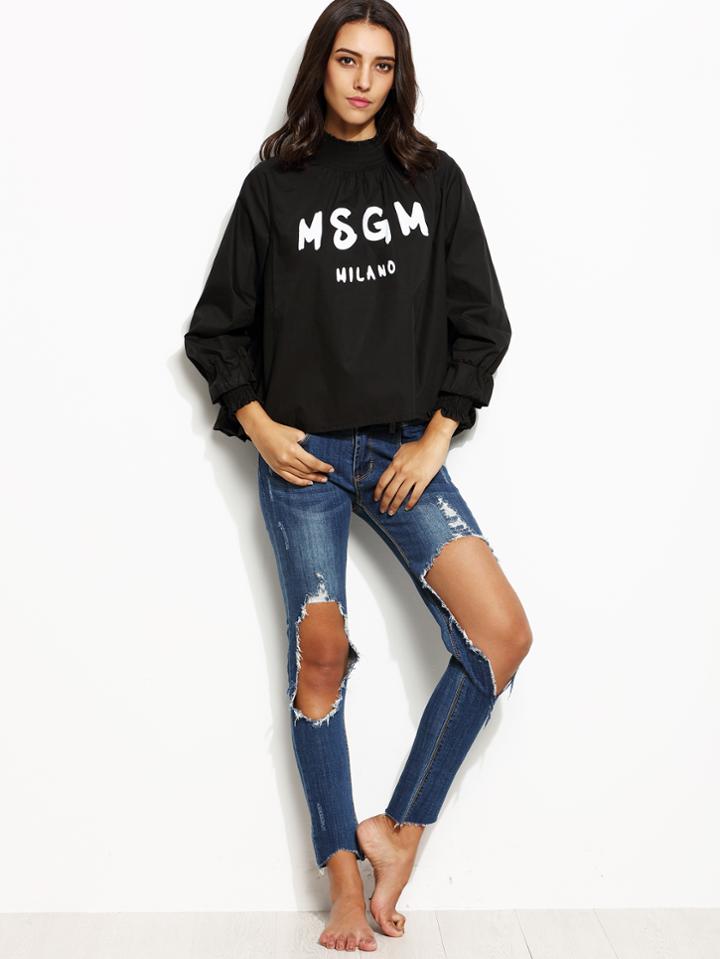 Shein Black Letter Print Mock Neck Keyhole Shirred Blouse