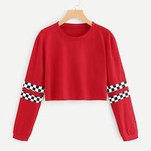 Shein Plaid Sleeve Round Neck Tee