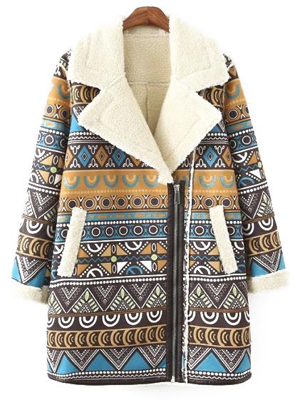 Shein Colour Lapel Zipper Tribal Print Coat