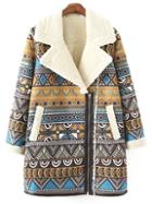 Shein Colour Lapel Zipper Tribal Print Coat