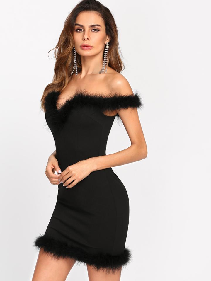 Shein Faux Fur Trim Sweetheart Bardot Dress