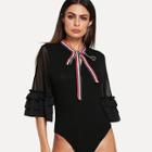 Shein Striped Tie Neck Layered Sleeve Bodysuit