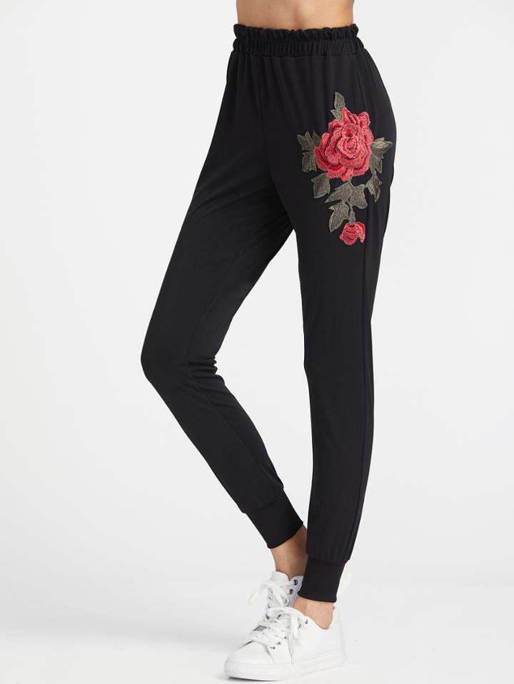 Shein Black Embroidered Applique Pants