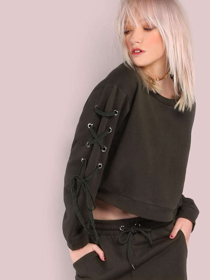 Shein Lace Up Shoulder Sweatshirt Olive