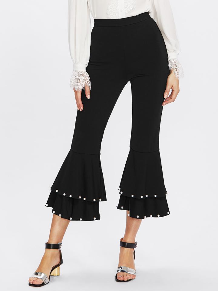 Shein Pearl Embellished Tiered Ruffle Hem Pants