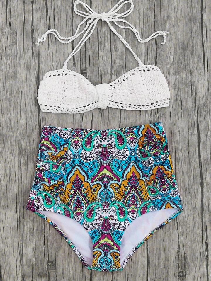 Shein Tribal Print High Waist Crochet Bikini Set