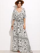 Shein White Printed Self Tie Split Side Maxi Dress
