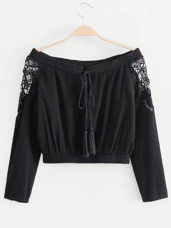 Shein Lace Insert Tie Neck Bardot Blouse
