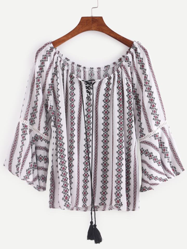 Shein Tassel Lace-up Neck Tribal Print Blouse - Red