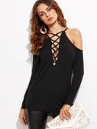 Shein Black Lace Up Plunge Neck Cold Shoulder T-shirt