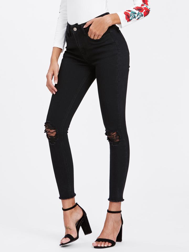 Shein Lace Insert Knee Raw Cut Hem Jeans