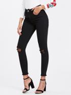 Shein Lace Insert Knee Raw Cut Hem Jeans